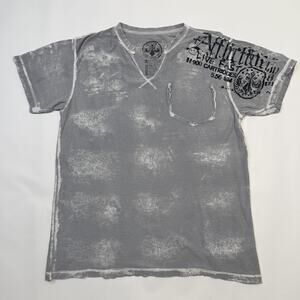 Affliction Shirt Mens XL Gray V-Neck Live Fast Black Cloud Distressed Made USA